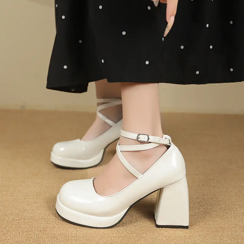 Women's Chunky Single Shoes Autumn New Round Head Shallow Mouth Cross Strap Platform Non-slip High Heels