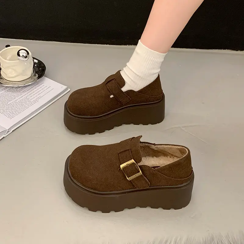 Fall New Slope Heel Single Shoes Women's Fashion Round Head Suede Deep Mouth Thick Sole Non-slip Low-top Shoes