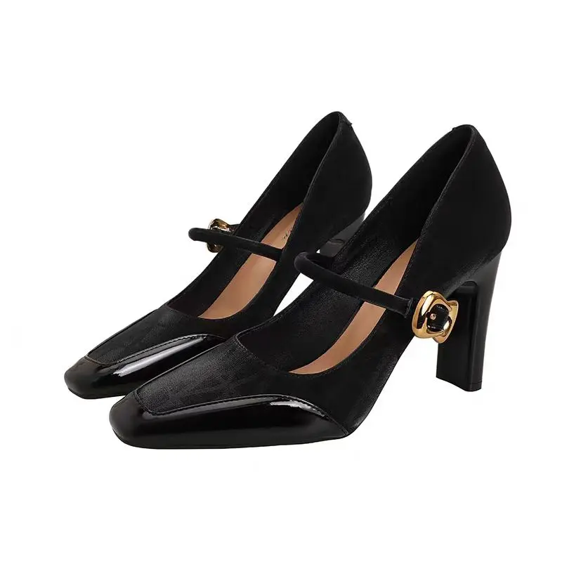 Women's Fashion Thick Heel Shoes Spring New Square Head Shallow Mouth Splicing Metal One-line Buckle Non-slip High Heels
