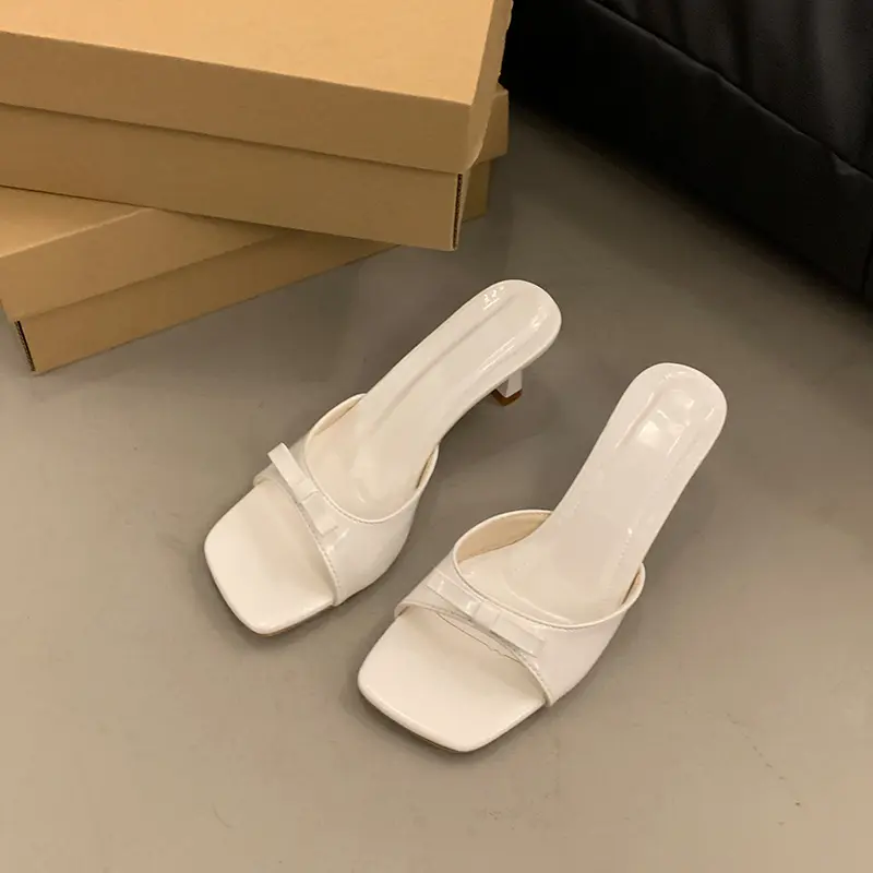 Summer New Women's Bow High Heel Sandals Square Open Toe Soft Sole Non-slip Fine Heel Flip-flops