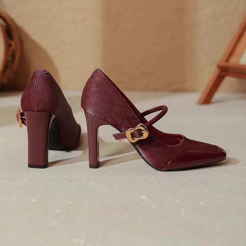 Women's Fashion Thick Heel Shoes Spring New Square Head Shallow Mouth Splicing Metal One-line Buckle Non-slip High Heels