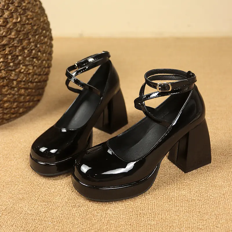 Women's Chunky Single Shoes Autumn New Round Head Shallow Mouth Cross Strap Platform Non-slip High Heels