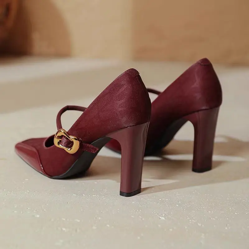 Women's Fashion Thick Heel Shoes Spring New Square Head Shallow Mouth Splicing Metal One-line Buckle Non-slip High Heels