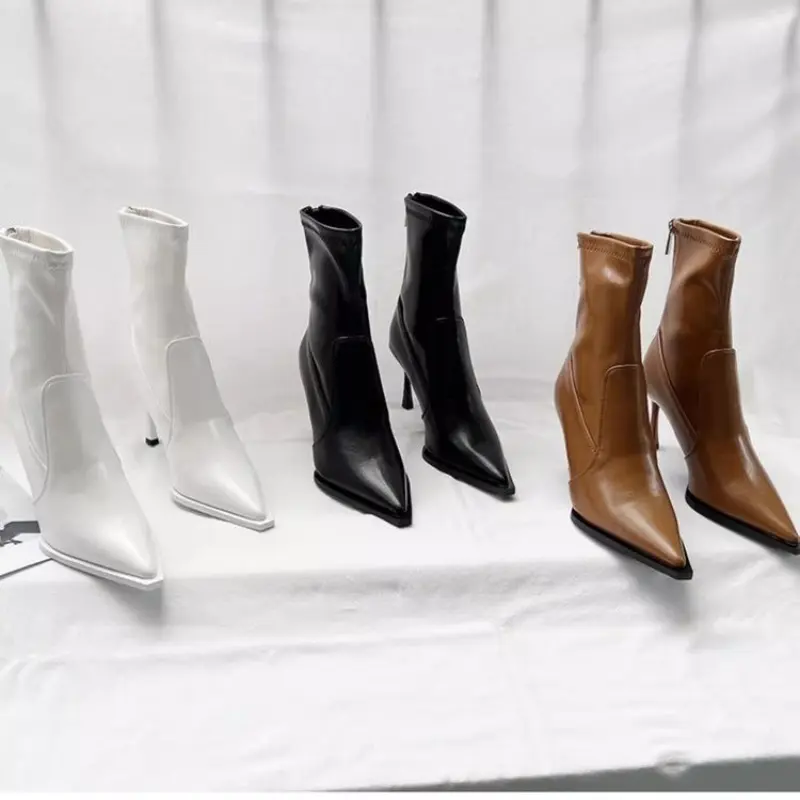 High Heeled Pointed Toe Booties Retro Spring and Autumn New Skinny Heel Paneled Rear Zipper Skinny Booties