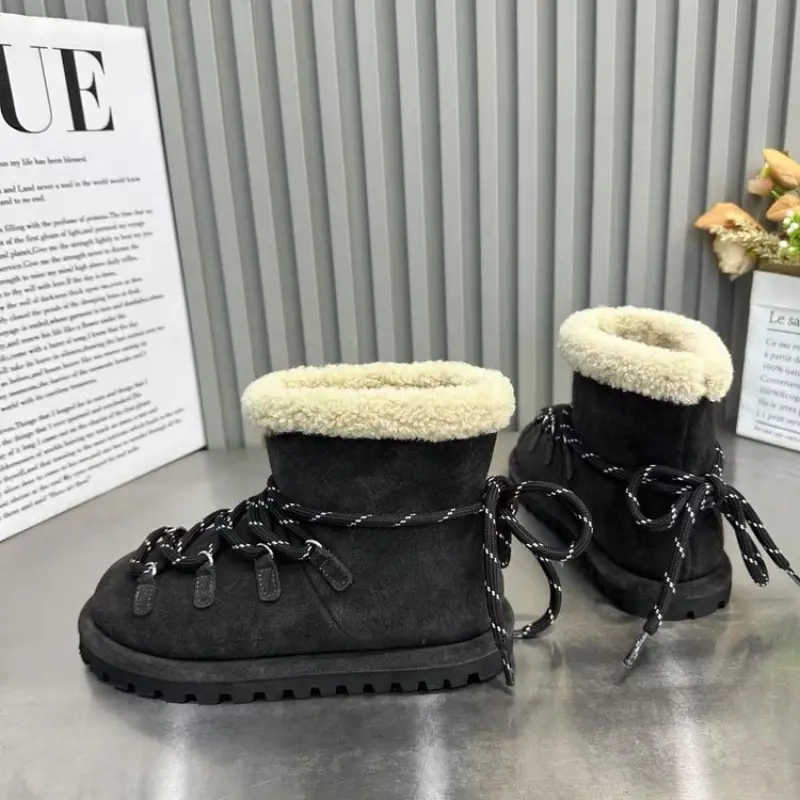 Winter New Flat Snow Boots Women's Round Head Suede Front Strap Thick Sole Anti-slip Wear-resistant Short Boots