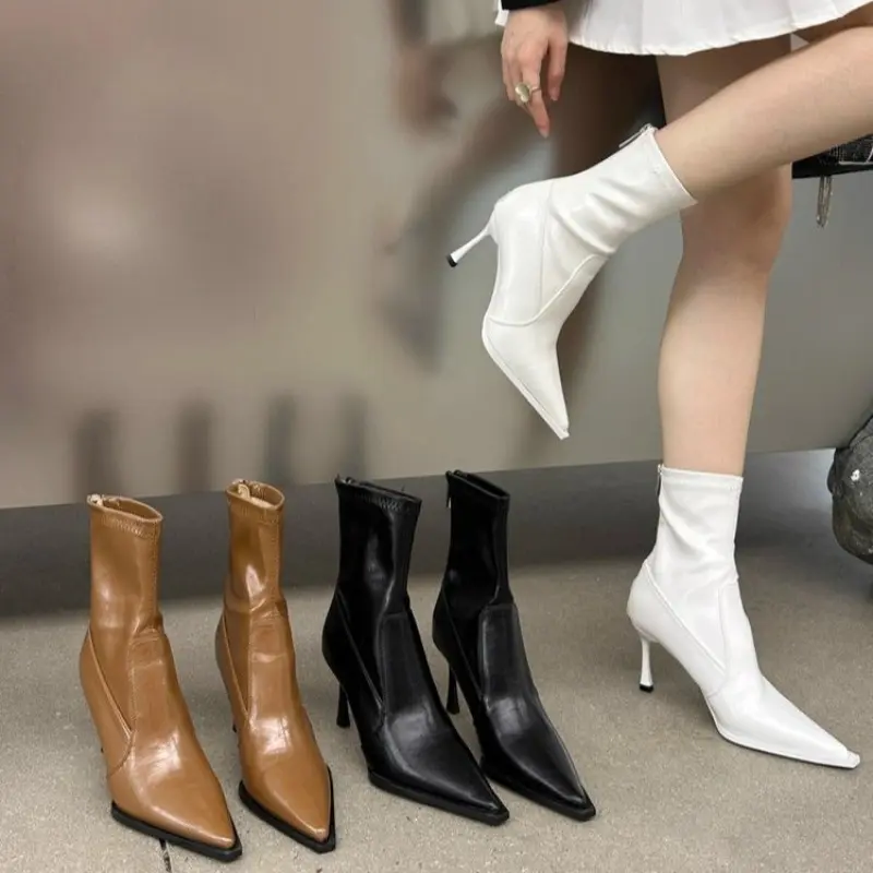 High Heeled Pointed Toe Booties Retro Spring and Autumn New Skinny Heel Paneled Rear Zipper Skinny Booties