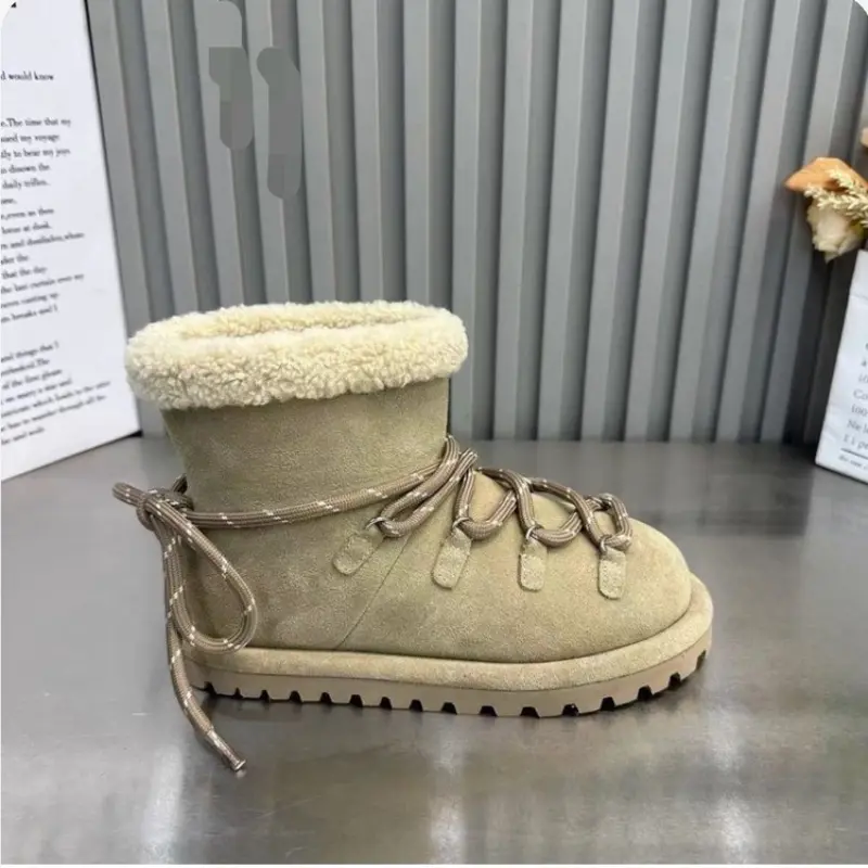 Winter New Flat Snow Boots Women's Round Head Suede Front Strap Thick Sole Anti-slip Wear-resistant Short Boots