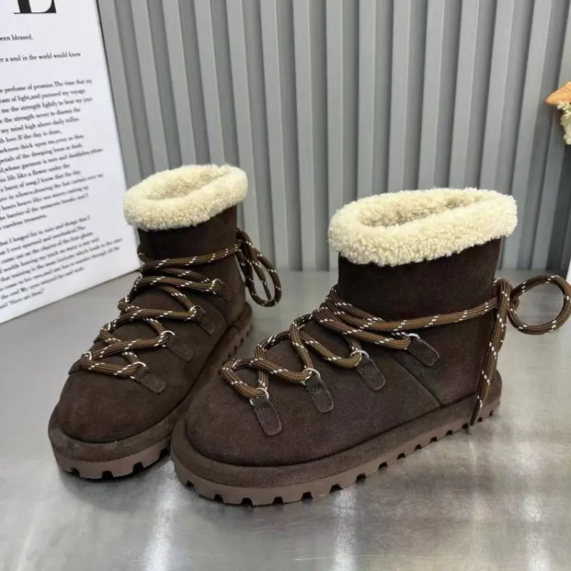 Winter New Flat Snow Boots Women's Round Head Suede Front Strap Thick Sole Anti-slip Wear-resistant Short Boots