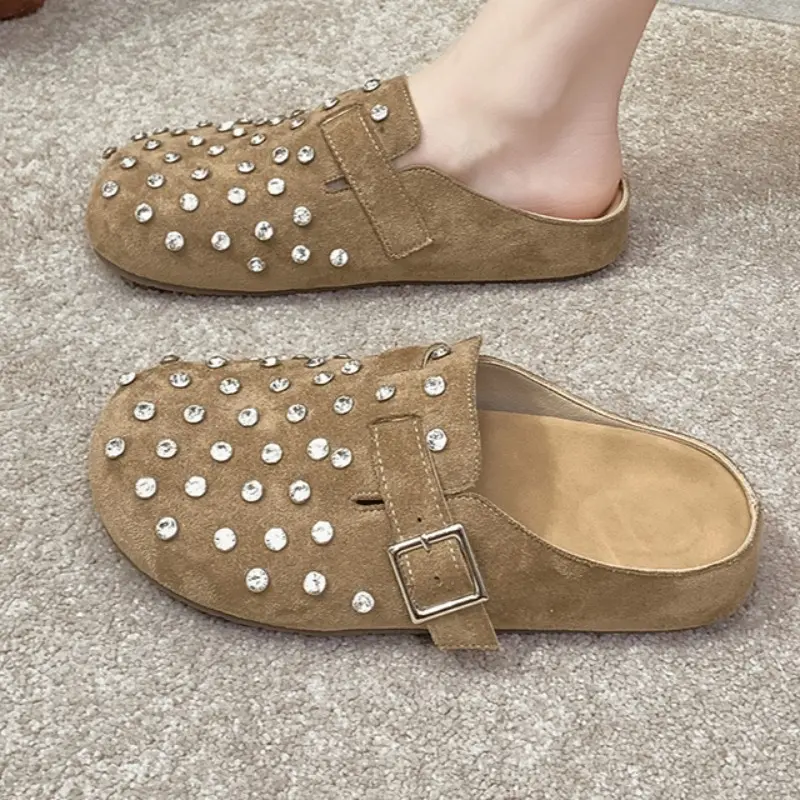 Flat Shoes Spring New Style Round Head Cow Suede Crystal Rivets Metal Buckle Soft Sole Anti-slip Wear-resistant Slippers
