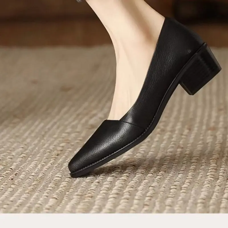 Women's Coarse Heel Shoes Spring New Pointed Head Shallow Mouth Soft Sole Waterproof Non-slip Low-top Shoes