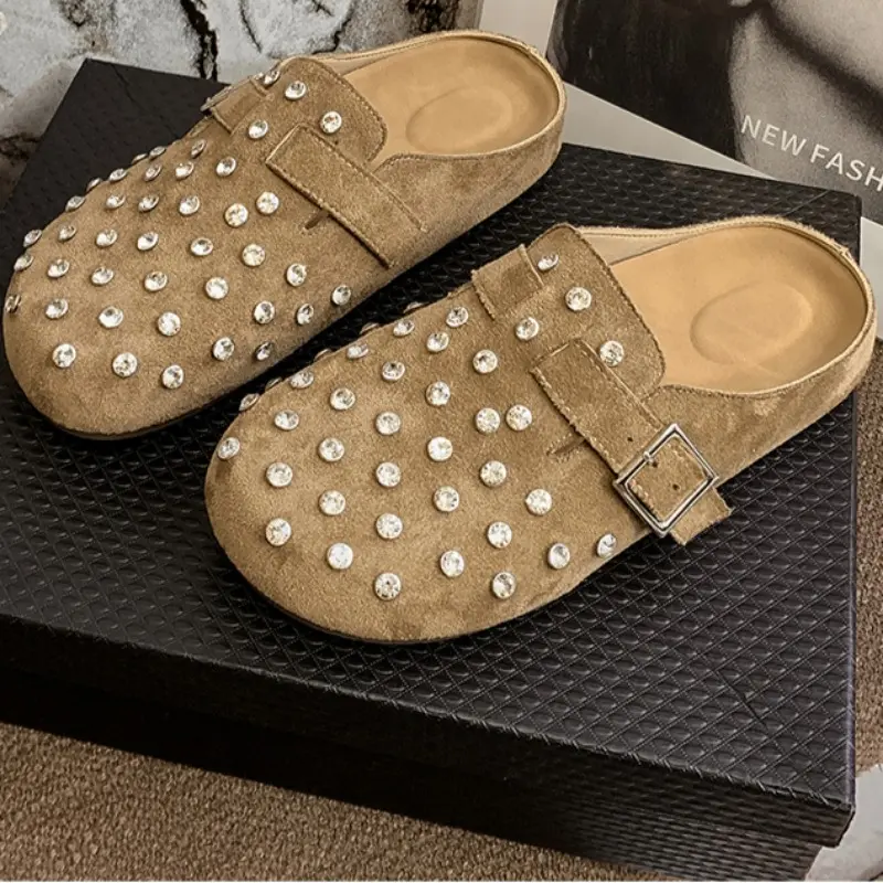 Flat Shoes Spring New Style Round Head Cow Suede Crystal Rivets Metal Buckle Soft Sole Anti-slip Wear-resistant Slippers