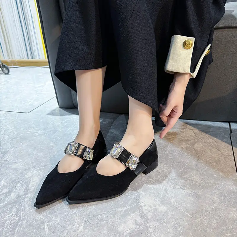 Spring New Coarse Heel Shoes Women's Fashion Pointed Shallow Mouth Suede Leopard Glitter Soft Soled Non-slip Low Top Shoes