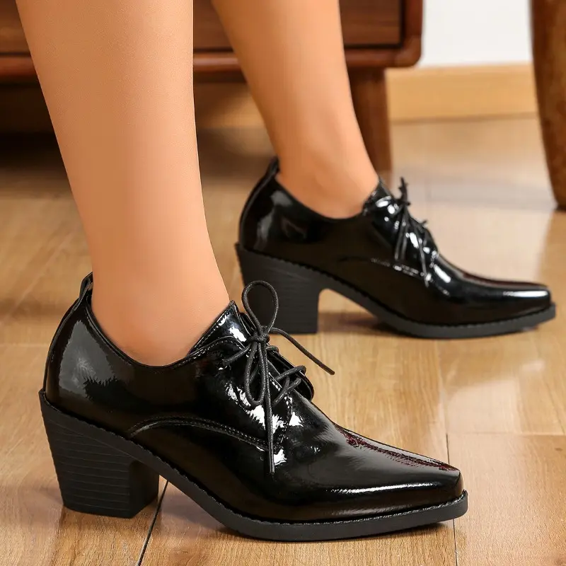Women's Fashion Thick Heel Shoes Autumn New Pointed Front Lacing Anti-slip Wear-resistant Low-top Shoes