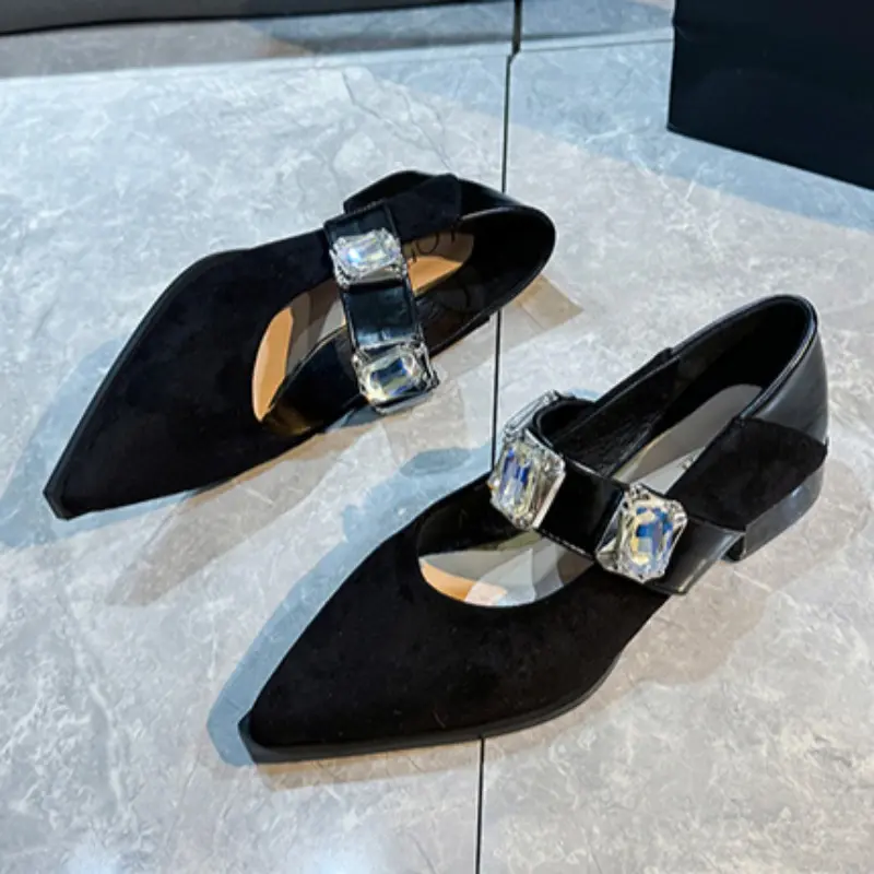 Spring New Coarse Heel Shoes Women's Fashion Pointed Shallow Mouth Suede Leopard Glitter Soft Soled Non-slip Low Top Shoes