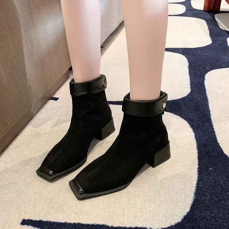 Women's Fashion Thick Heel Cotton Boots Winter New Square Head Suede Back Zipper Splicing Rivet Non-slip Short Boots