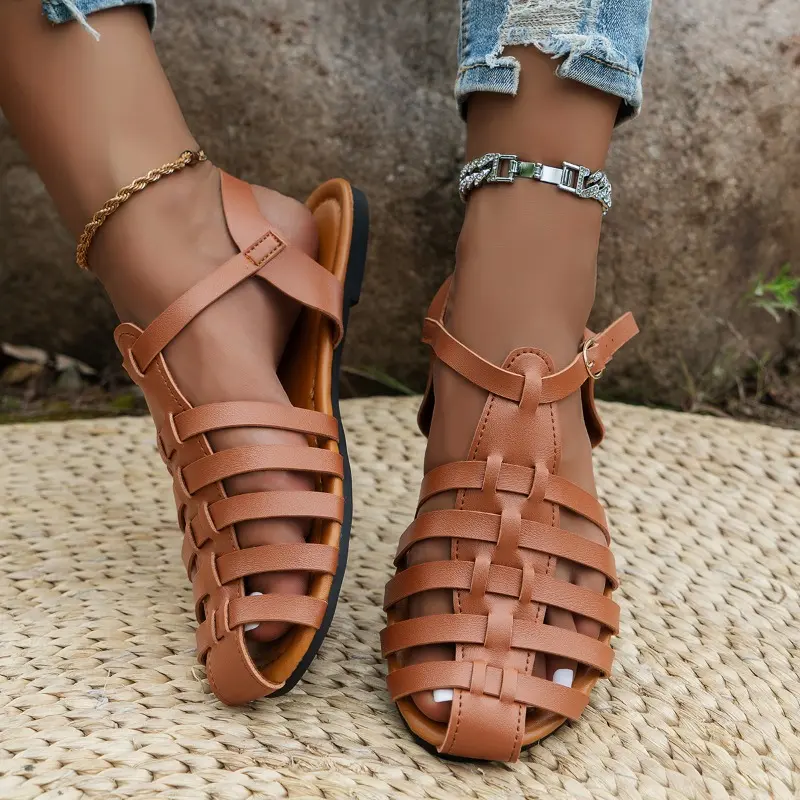 Women's Fashion Baotou Sandals Summer New Round Head Hollow Soft Sole Anti-slip Wear-resistant Flat Shoes