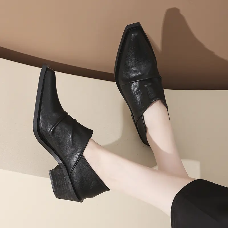Autumn New Block Heel Single Shoes Women's Pointed Toe Deep Mouth Pleated Non-Slip Wear-Resistant Low Top Shoes
