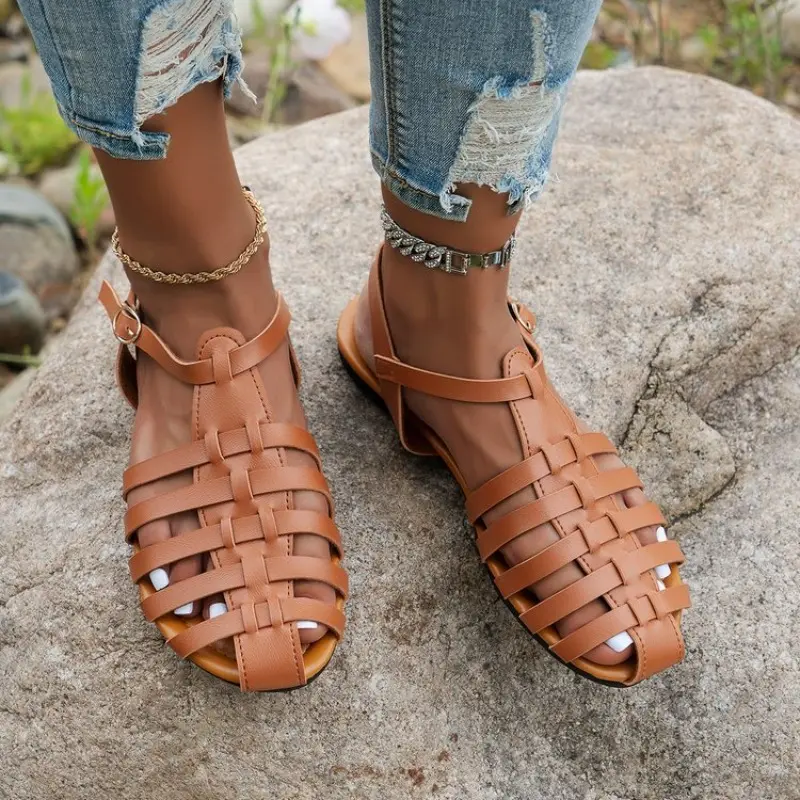 Women's Fashion Baotou Sandals Summer New Round Head Hollow Soft Sole Anti-slip Wear-resistant Flat Shoes