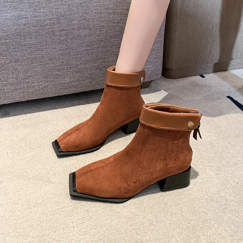 Women's Fashion Thick Heel Cotton Boots Winter New Square Head Suede Back Zipper Splicing Rivet Non-slip Short Boots