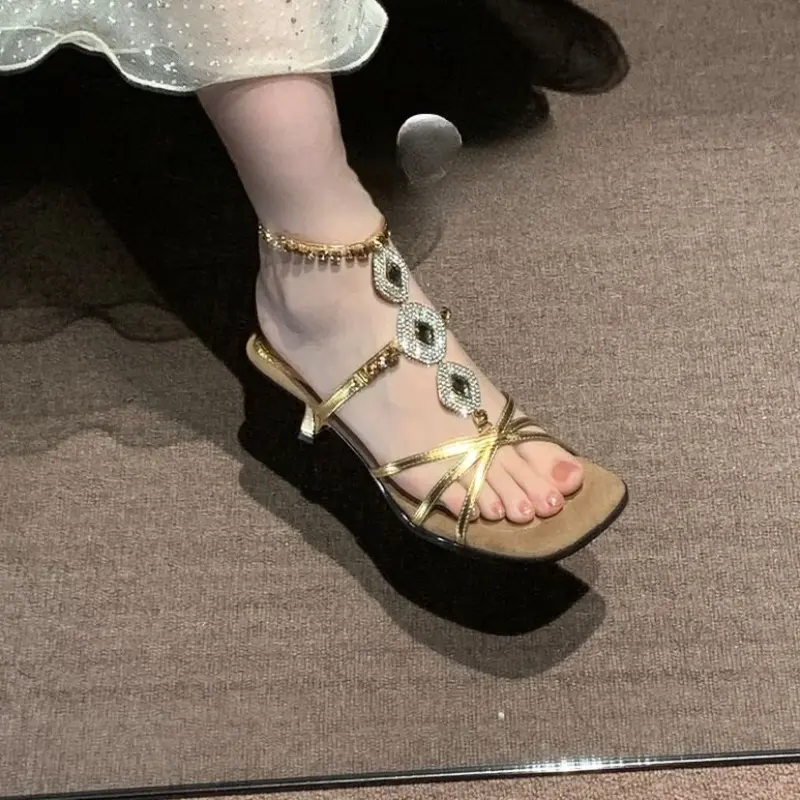 Rhinestone Sandals Women's Summer New Temperament Outside Fashion Metal One-word Buckle Stiletto High Heels