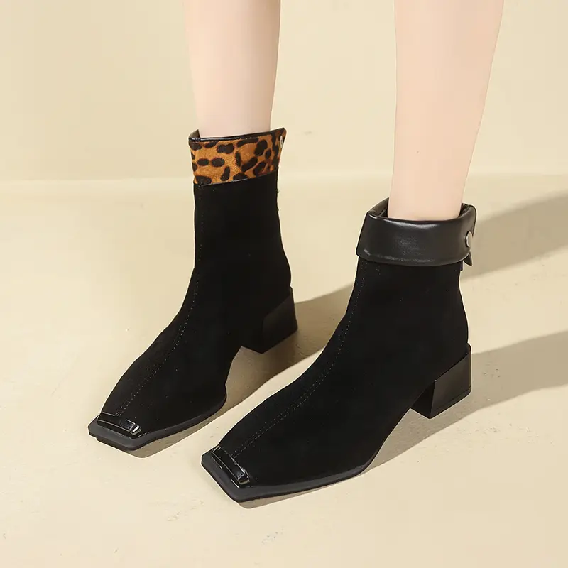 Women's Fashion Thick Heel Cotton Boots Winter New Square Head Suede Back Zipper Splicing Rivet Non-slip Short Boots