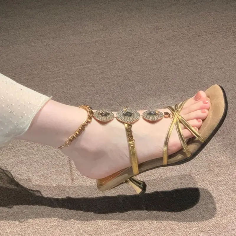 Rhinestone Sandals Women's Summer New Temperament Outside Fashion Metal One-word Buckle Stiletto High Heels