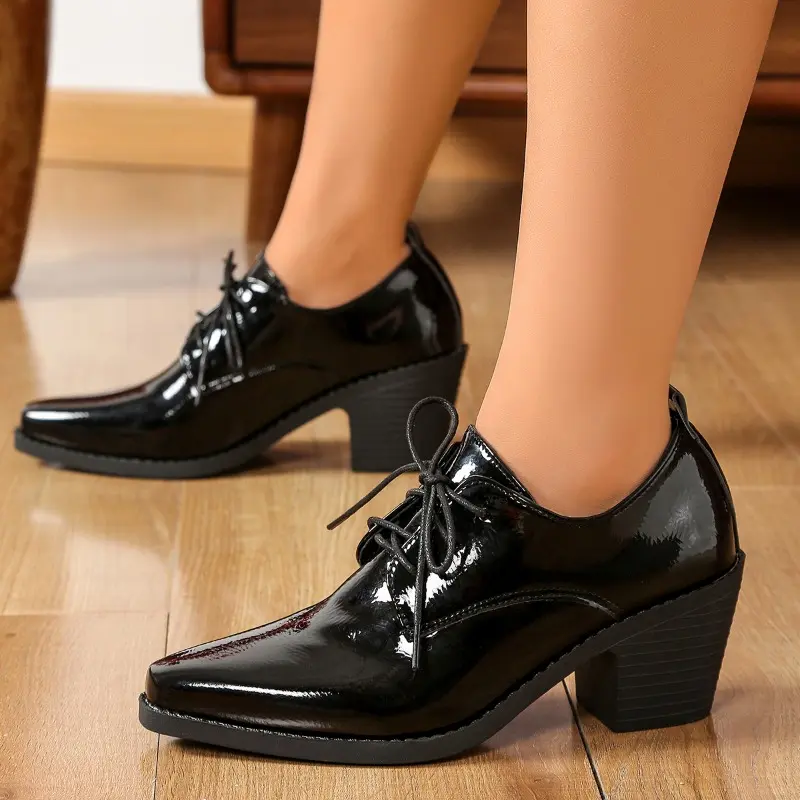 Women's Fashion Thick Heel Shoes Autumn New Pointed Front Lacing Anti-slip Wear-resistant Low-top Shoes