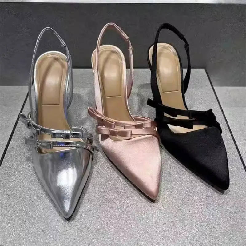 Stiletto Sandals Spring New Style Pointy Head Shallow Mouth Butterfly Knot Set Foot Anti-slip Wear-resistant High Heels