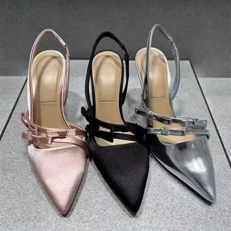 Stiletto Sandals Spring New Style Pointy Head Shallow Mouth Butterfly Knot Set Foot Anti-slip Wear-resistant High Heels