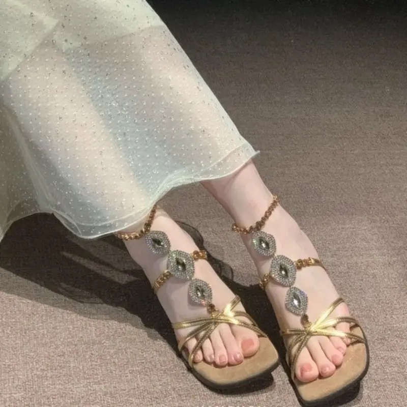 Rhinestone Sandals Women's Summer New Temperament Outside Fashion Metal One-word Buckle Stiletto High Heels