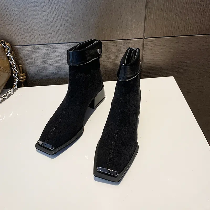 Women's Fashion Thick Heel Cotton Boots Winter New Square Head Suede Back Zipper Splicing Rivet Non-slip Short Boots