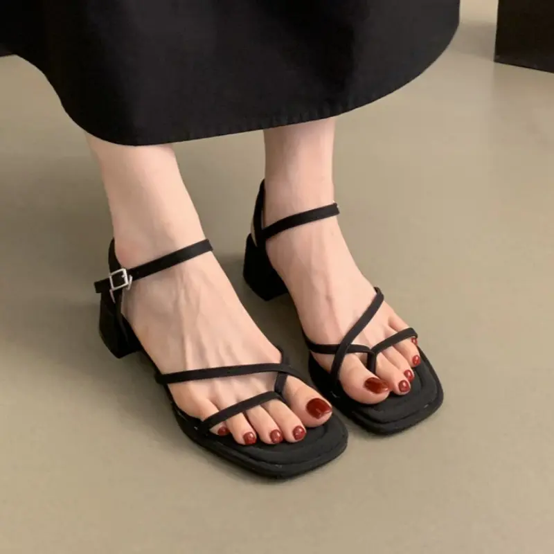 Women's Fashion Thick Heel Sandals Summer New Square Head Clip Toe Fine Belt Combination Open-toe Mid-heel Shoes