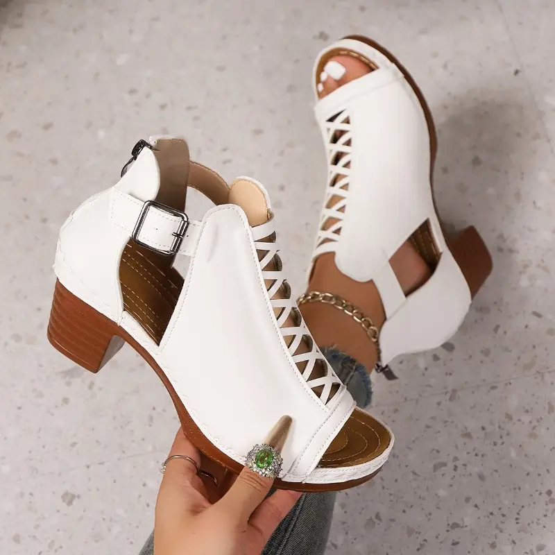 Roman Sandals Summer New Round Toe Open Toe Cutout Breathable Platform Non-slip Wear-resistant Block Heel Shoes