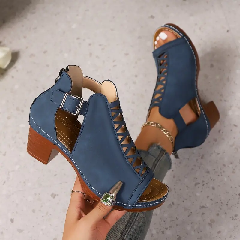 Roman Sandals Summer New Round Toe Open Toe Cutout Breathable Platform Non-slip Wear-resistant Block Heel Shoes