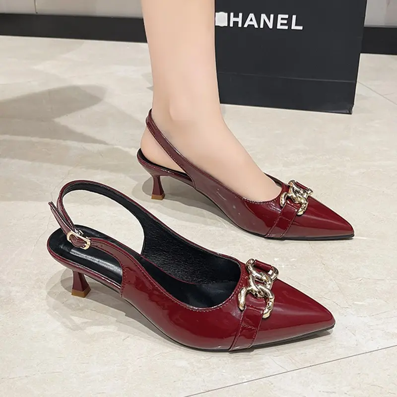 Women's Top Thin Heel Sandals Spring New Pointed Head Shallow Mouth Metal Chain Anti-slip Wear-resistant High Heels