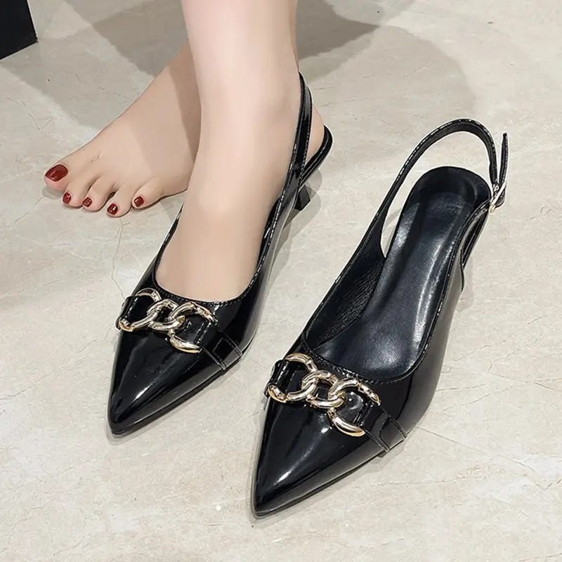 Women's Top Thin Heel Sandals Spring New Pointed Head Shallow Mouth Metal Chain Anti-slip Wear-resistant High Heels