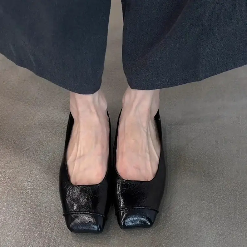 Soft-soled Soft-faced Flat-soled Single Shoes Autumn New Square-toe Shallow-mouth Splicing Slip-on Low-top Shoes