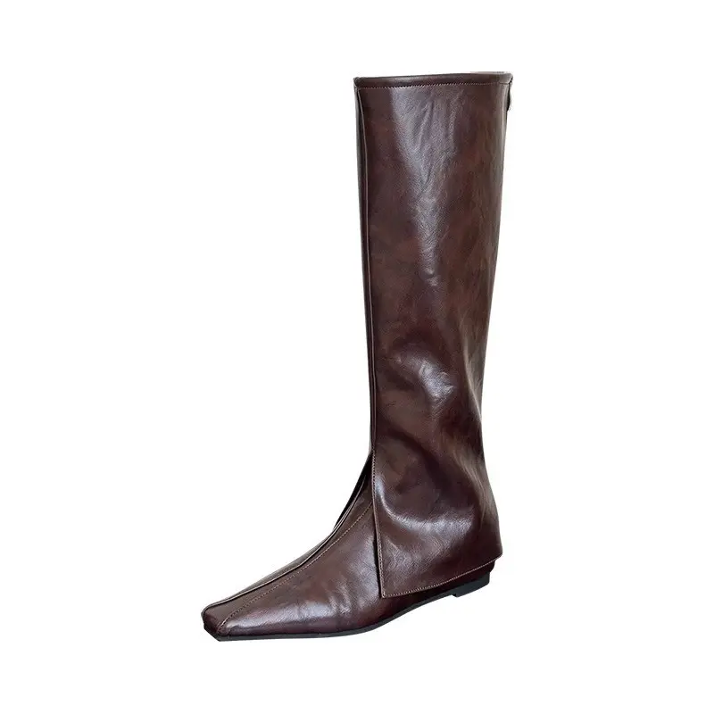 Fashion Tall Boots Women's Fashion Square Toe Spliced Rear Zipper Soft Sole Anti-Slip Wear-Resistant Single Boots