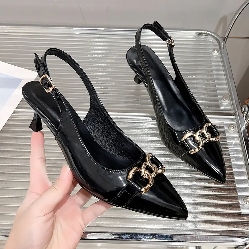 Women's Top Thin Heel Sandals Spring New Pointed Head Shallow Mouth Metal Chain Anti-slip Wear-resistant High Heels