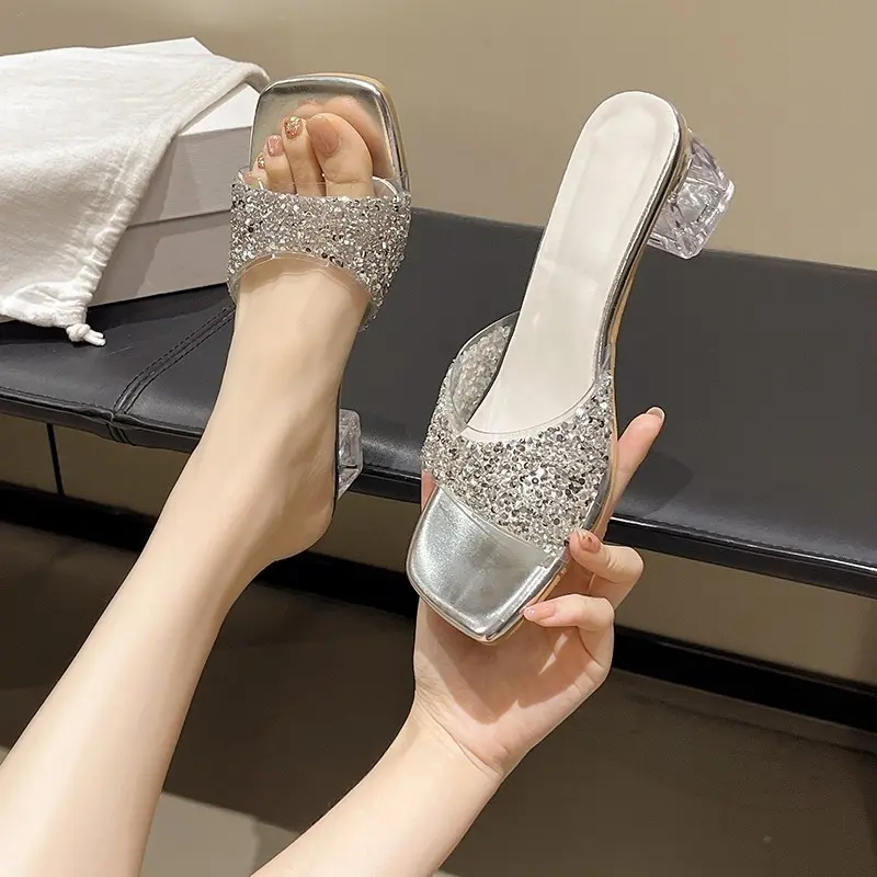 Block Heel Sequined High-heeled Sandals and Slippers 2025 Crystal Summer New Women's One-word Fashion Temperament Sandals