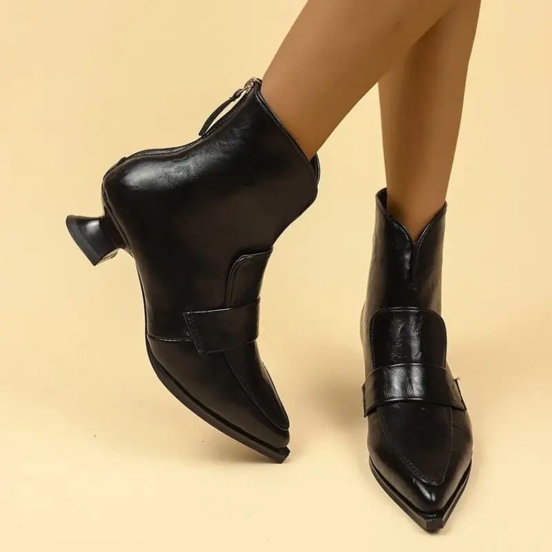 Special-shaped Heel Single Boots Autumn New Style Pointed Stitching Rear Zipper Non-slip Wear-resistant Short Boots