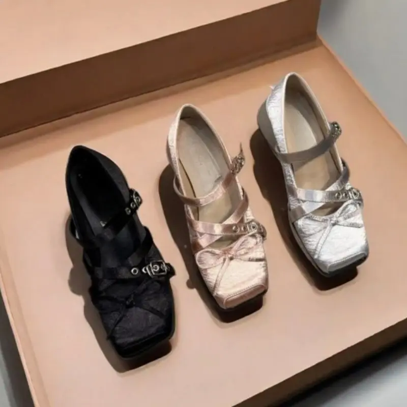Summer Square Heel Shoes Women's Fashion Square Head Shallow Cut Satin Butterfly Knot Rivets Metal Buckle Non-slip Kitten Heels