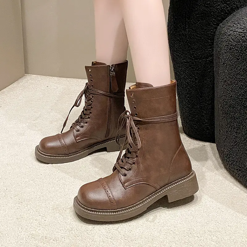 Fall New Fashion Round Front Lace-up Side Zipper Comfortable Mid-calf Boots for Women Chunky Heel Boots