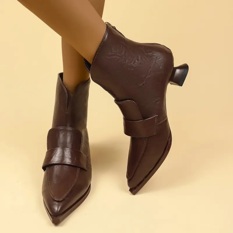Special-shaped Heel Single Boots Autumn New Style Pointed Stitching Rear Zipper Non-slip Wear-resistant Short Boots