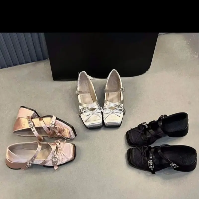 Summer Square Heel Shoes Women's Fashion Square Head Shallow Cut Satin Butterfly Knot Rivets Metal Buckle Non-slip Kitten Heels