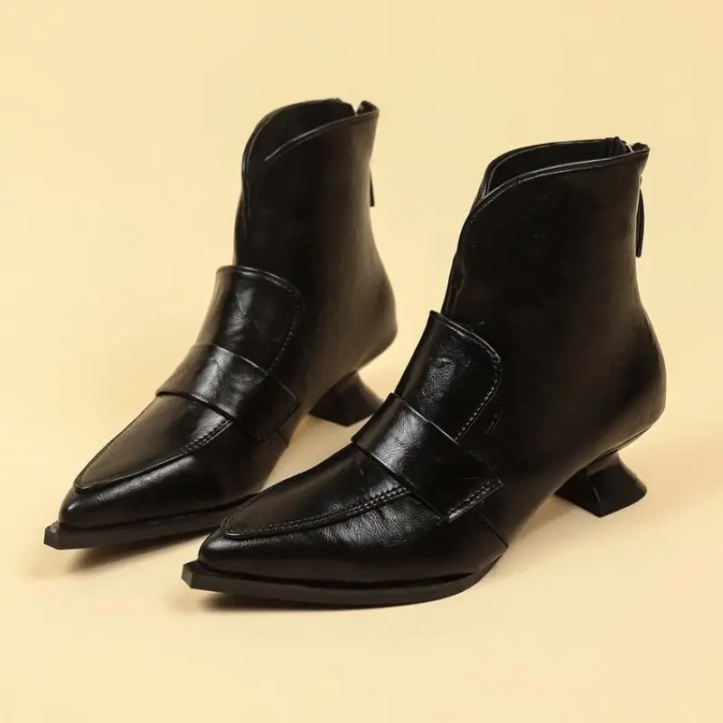 Special-shaped Heel Single Boots Autumn New Style Pointed Stitching Rear Zipper Non-slip Wear-resistant Short Boots