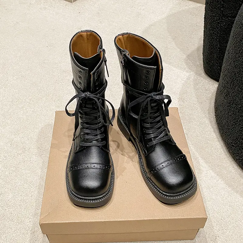 Fall New Fashion Round Front Lace-up Side Zipper Comfortable Mid-calf Boots for Women Chunky Heel Boots
