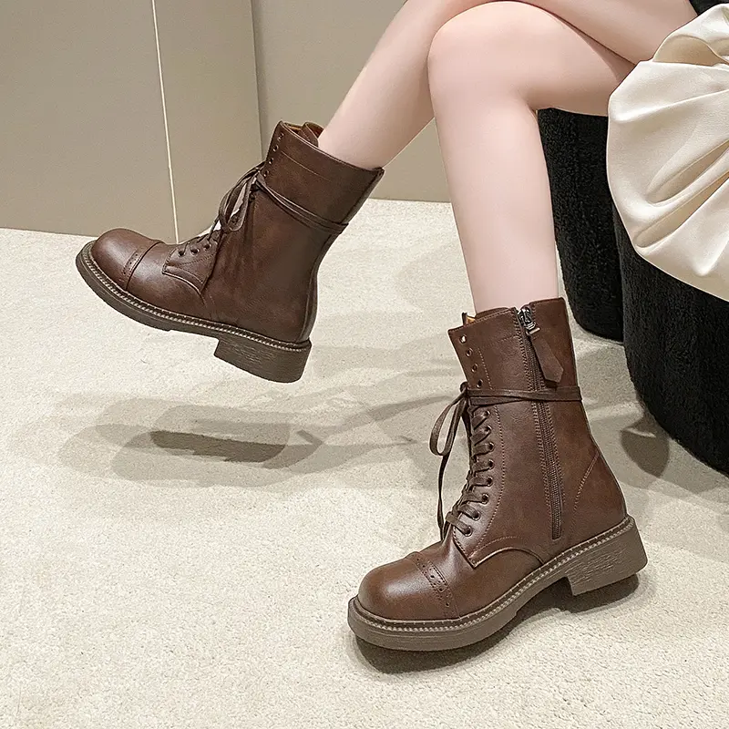 Fall New Fashion Round Front Lace-up Side Zipper Comfortable Mid-calf Boots for Women Chunky Heel Boots