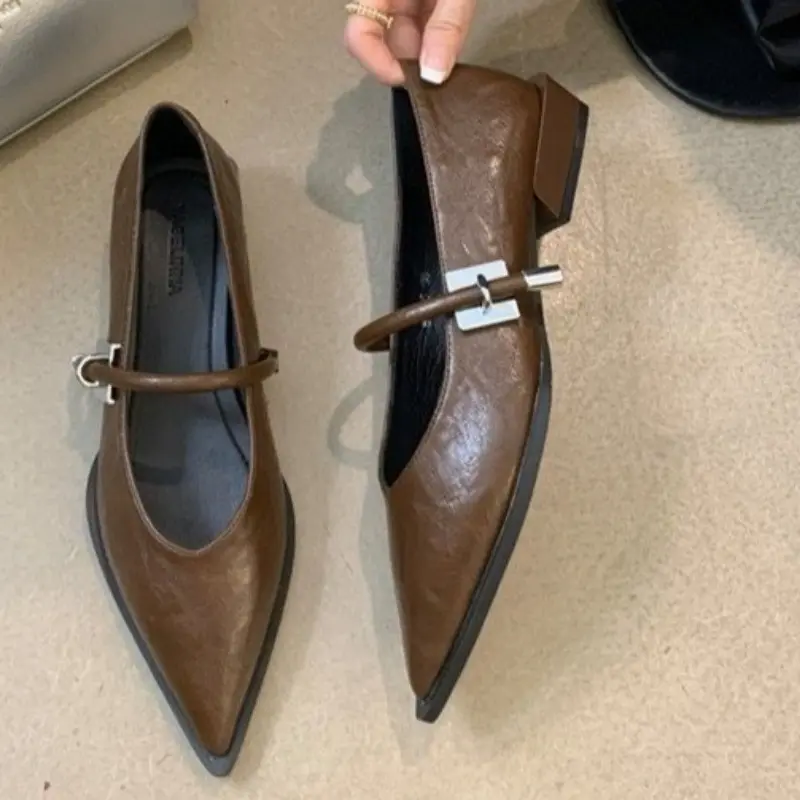 Women's Fashion Pointy Mary Jane Shoes Fall New Shallow Mouth Metal Buckle One Line Buckle Comfortable Single Shoes