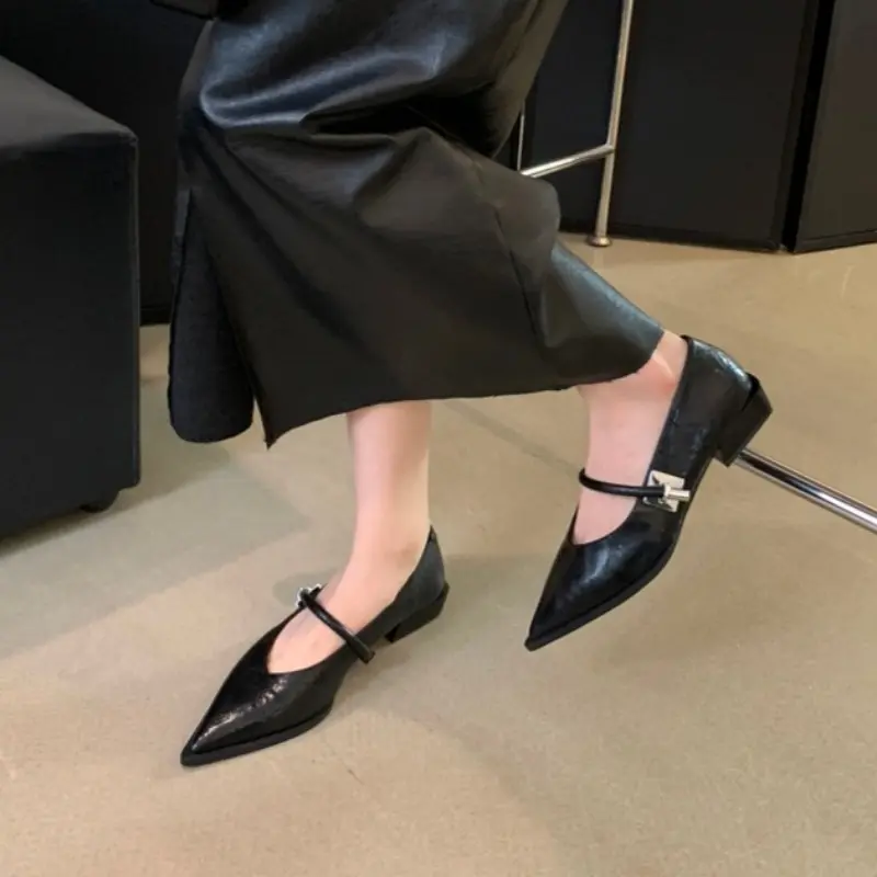 Women's Fashion Pointy Mary Jane Shoes Fall New Shallow Mouth Metal Buckle One Line Buckle Comfortable Single Shoes